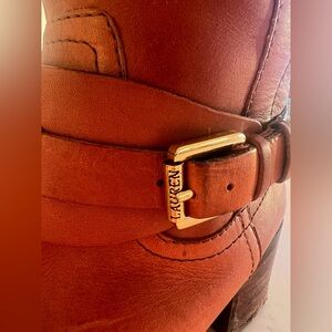 Lauren Ralph Lauren Cognac Brown Leather riding Boot with Gold Buckle Accent